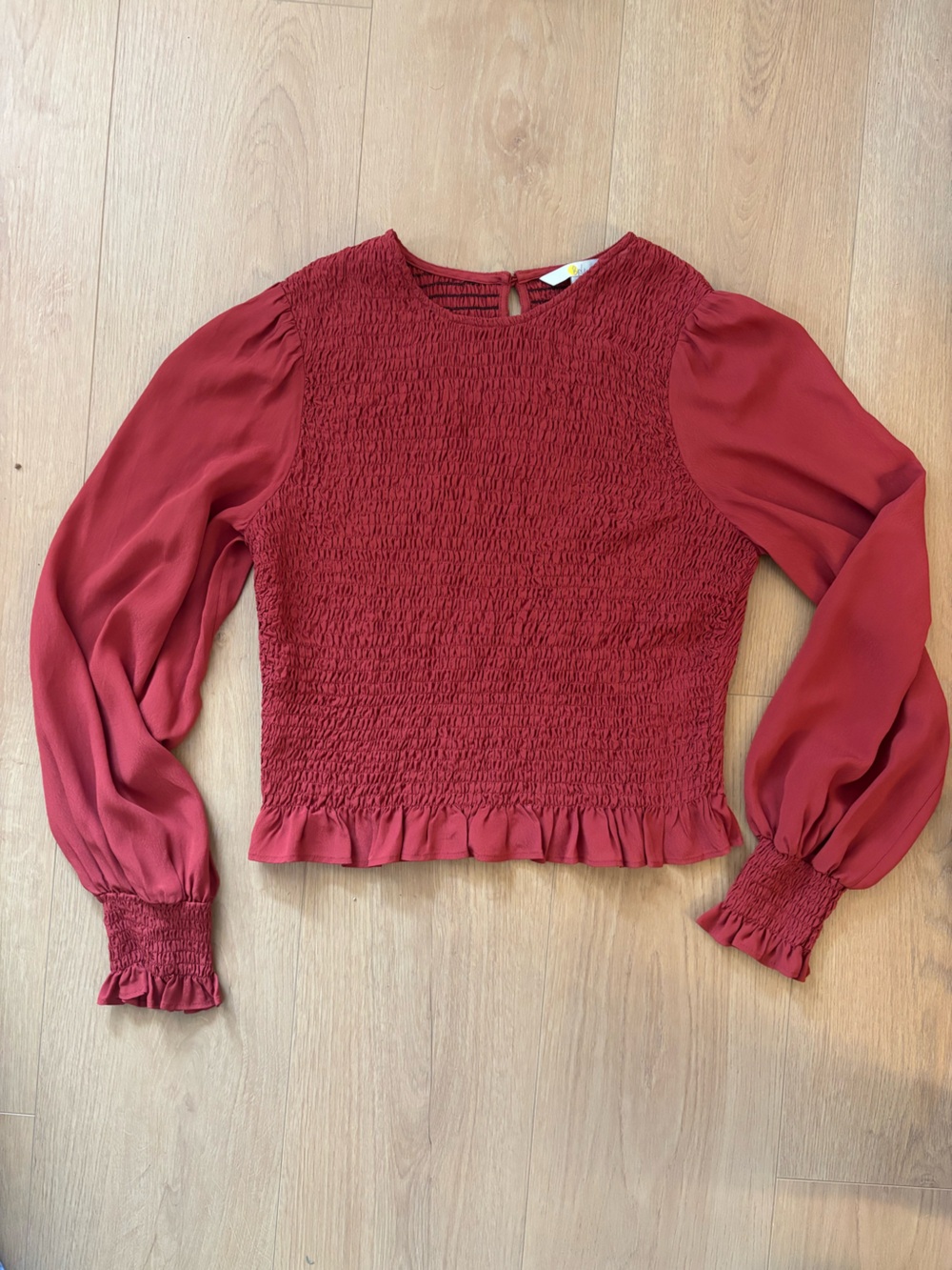 Boden Red Smocked Long-Sleeve Blouse